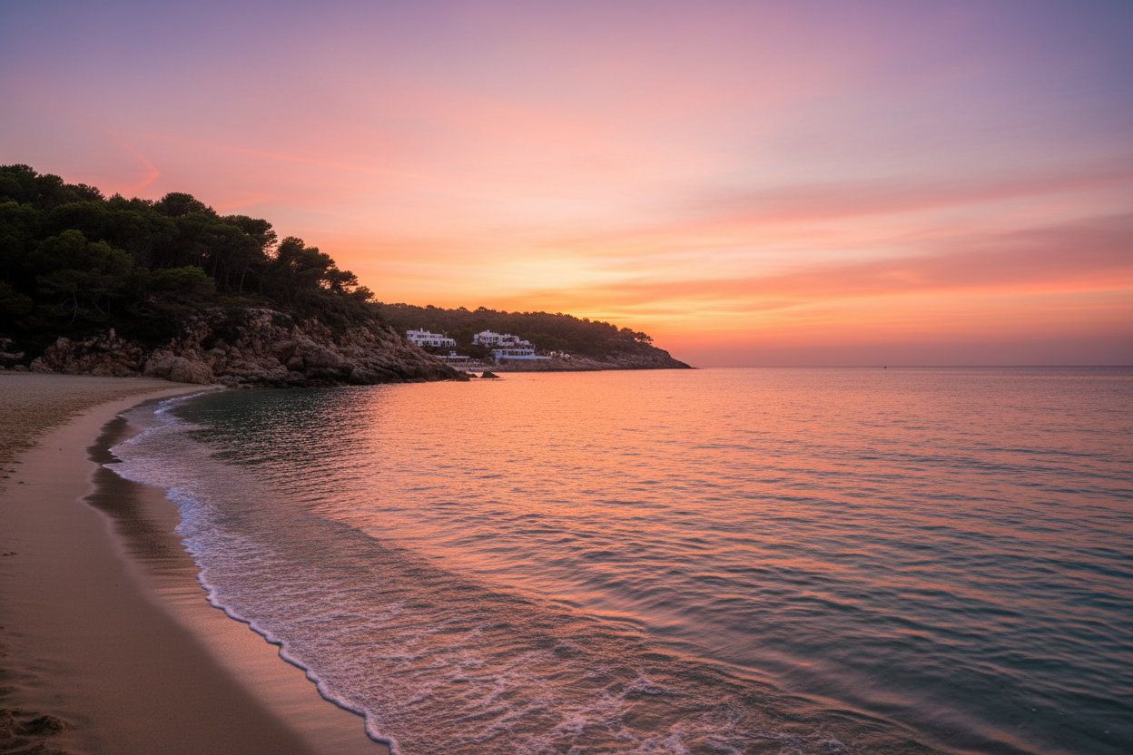 paisaje mediterráneo playa tipo ibiza atardecer